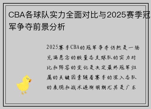 CBA各球队实力全面对比与2025赛季冠军争夺前景分析