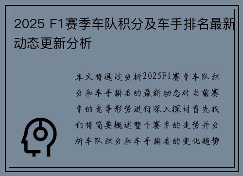 2025 F1赛季车队积分及车手排名最新动态更新分析