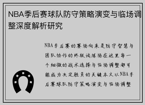 NBA季后赛球队防守策略演变与临场调整深度解析研究